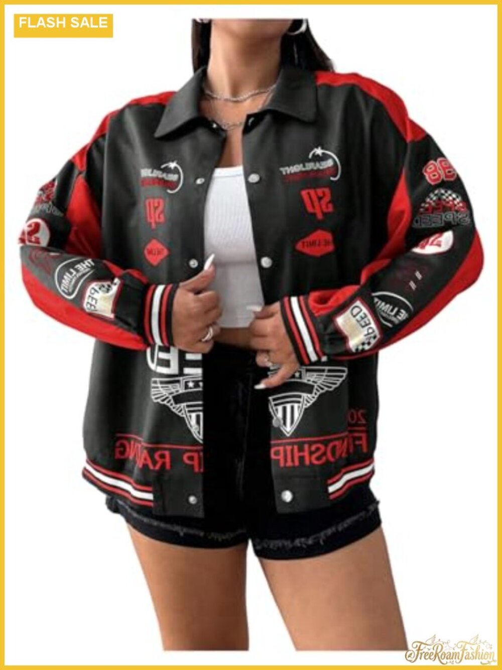 Womens Plus Motorcycle Racing Varsity Bomber Jacket Button Down